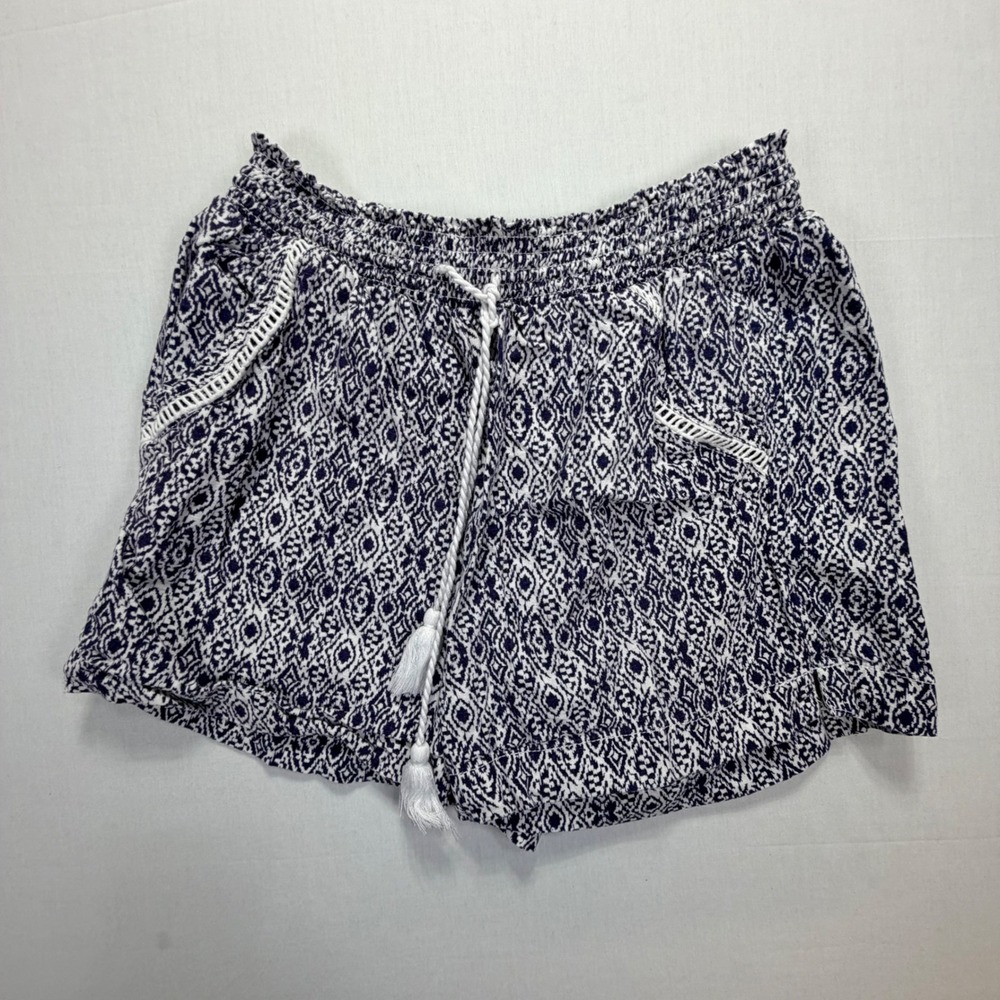 Briggs Women Blue White Geometric Print Smocked Waist Drawstring Shorts Size M